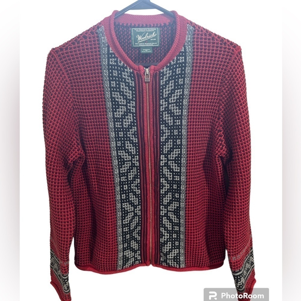 Woolrich Red Black Zip Front Cardigan Sweater Cotton XS Cozy‎ Grandma Old Money